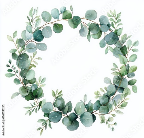 circular eucalyptus wreath of green leaves and delicate branches on white background, watercolor botanical design conveying calm and elegant mood