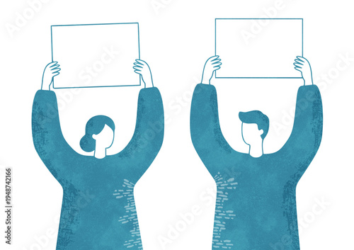 ホワイトボードを掲げる男女 ゆるミニマルな水彩イラスト