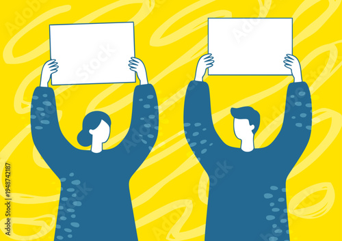 ホワイトボードを掲げる男女 ゆるポップな線画イラスト