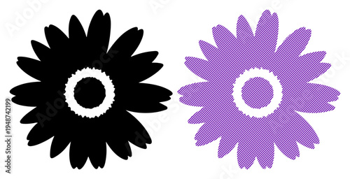 Two stylized daisy flowers, one black and one purple, against a white background