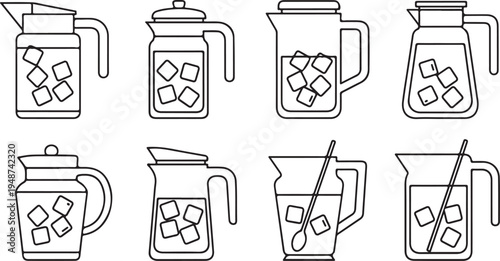 Illustrations of various pitchers with tea bags and ice cubes Vector