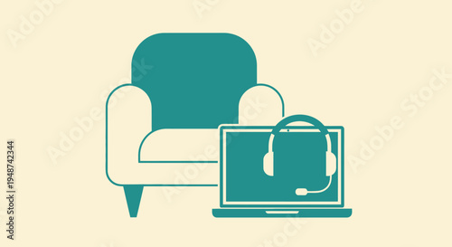 Remote Work and Customer Support Concept Illustration - Minimalist Vector of Laptop, Headset, and Armchair for Home Office and Telecommuting