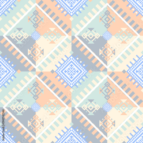 Soft pastel tribal geometric seamless pattern with diamond shapes and ethnic motifs. Decorative abstract textile design ideal for fabric, wallpaper, packaging, wrapping paper, and modern surface patte
