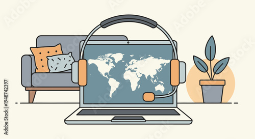 Global Customer Support and Remote Work Concept Illustration: Laptop with Headset and World Map