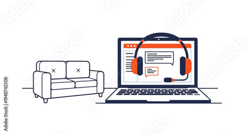 Customer Support and Remote Work Concept Illustration with Laptop, Headset, and Sofa for Home Office and Telecommuting Services