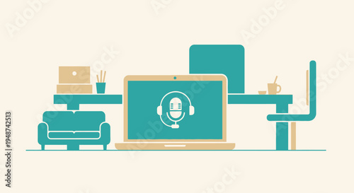 Minimalist Vector Illustration of a Home Office Workspace for Podcasting, Digital Broadcasting, and Remote Work with Laptop and Microphone Icon