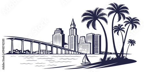 Minimalist San Diego City Skyline Silhouette Vector Illustration