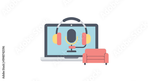 Flat Illustration of Remote Podcasting Concept with Laptop Microphone Headphones and Sofa for Home Studio