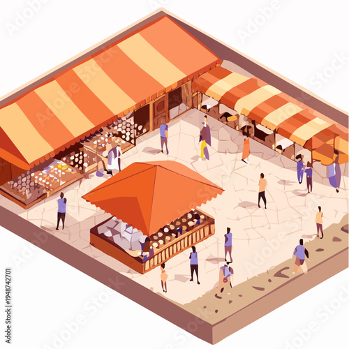 Isometric outdoor market scene with vendors and shoppers.