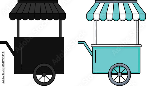 Street food cart vector illustration set with canopy stall design, mobile market vendor kiosk for outdoor food selling concept