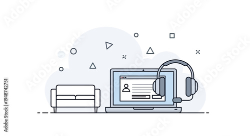 Flat Line Illustration of Laptop with Headset and Sofa for Remote Work and Customer Support Concepts
