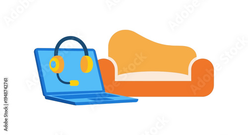 Work From Home and Remote Customer Support Concept Illustration with Laptop, Headset, and Sofa