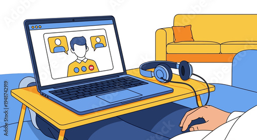 Remote Work and Video Conference Illustration with Laptop and Headphones on Sofa