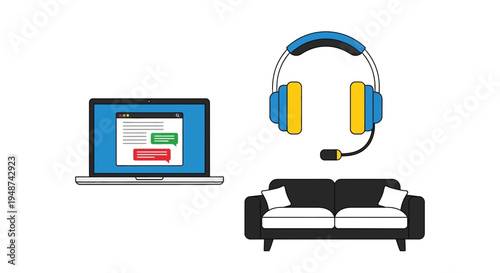 Remote Customer Support and Work from Home Concept Illustration with Laptop, Headset, and Sofa