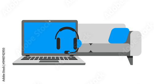 Flat Vector Illustration of Laptop with Headset for Remote Work and Customer Support from Home Office Environment