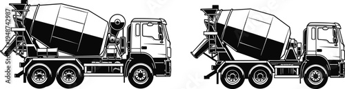 Concrete mixer truck side view vector illustration with construction cement mixer vehicles isolated for building industry, engineering transport and heavy machinery design