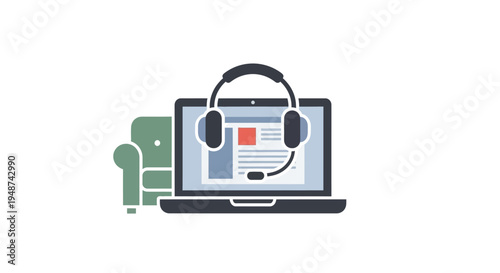 Remote Work and Customer Support Icon with Laptop, Headset and Armchair