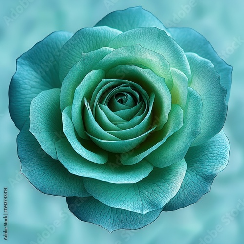 top-down close-up of a serene teal rose with layered spiral petals and soft bokeh background