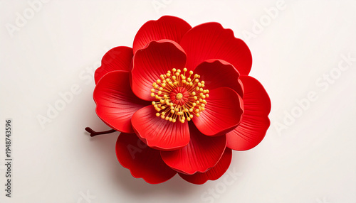 Vibrant red flower with golden center isolated on white background