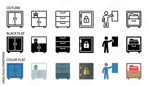 Collection of various cabinet, drawer, and safe icons presented in outline, black flat, and color flat styles for storage concepts.