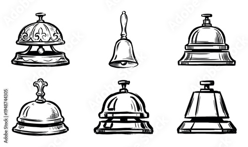 Set of six hand-drawn vintage bells in different styles, featuring classic service bells and traditional handheld designs.