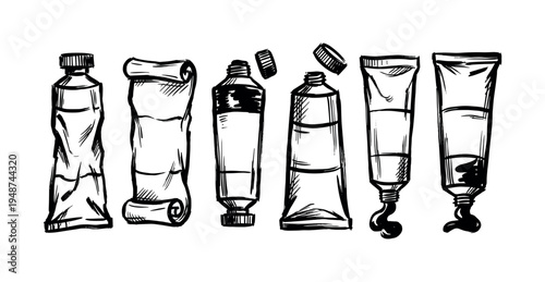 Hand-drawn sketch illustration of various art paint tubes, some squeezed and open, depicting artistic supplies.