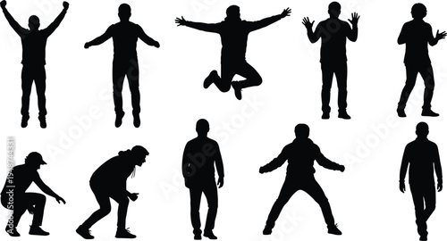 Man action silhouette collection with jumping, celebrating and standing male figures isolated vector set for sports, lifestyle, activity poses and people design