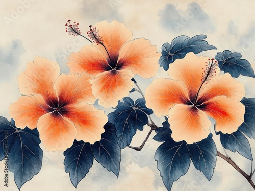 three large peach-orange hibiscus blooms with dark blue leaves on a slender branch, soft cloudy watercolor background conveying a serene delicate mood