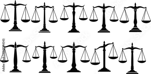 Justice scales silhouette collection isolated on white background, legal balance symbol set for law concept, courtroom justice icon, black vector illustration