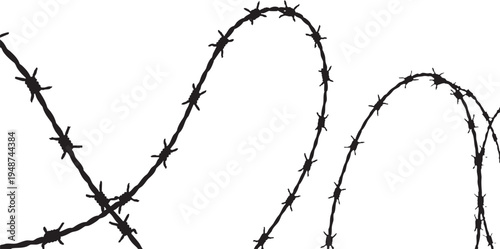 Curved barbed wire security fence pattern isolated on white background