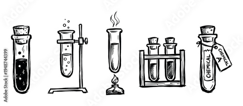 Hand-drawn sketch illustrations of various laboratory glassware and chemical experiment equipment for scientific research.