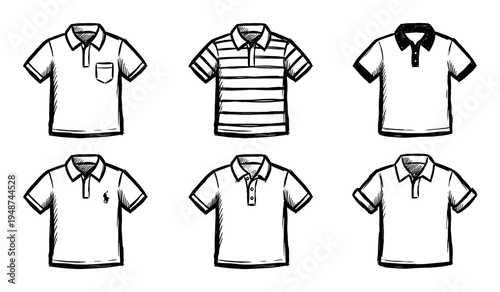 Collection of six hand-drawn polo shirts in various styles, perfect for casual wear, fashion design, and apparel concepts.