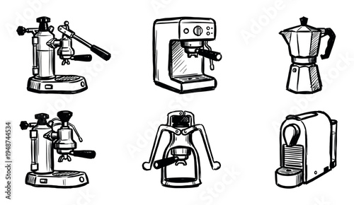Diverse collection of six hand-drawn coffee makers and espresso machines, showcasing various brewing methods and kitchen appliances.