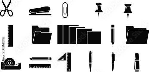 Office and school stationery icon set with scissors, stapler, folders, rulers, pens and paper clips isolated vector collection for workspace supplies