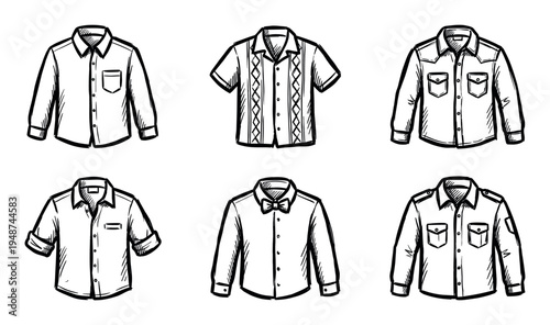 Collection of hand-drawn illustrations depicting various styles of men's shirts including long-sleeve, short-sleeve, and patterned designs.