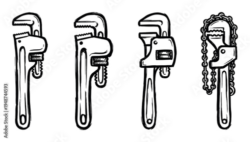 Set of four hand-drawn pipe wrenches in various styles, illustrating essential tools for plumbing and mechanical work.