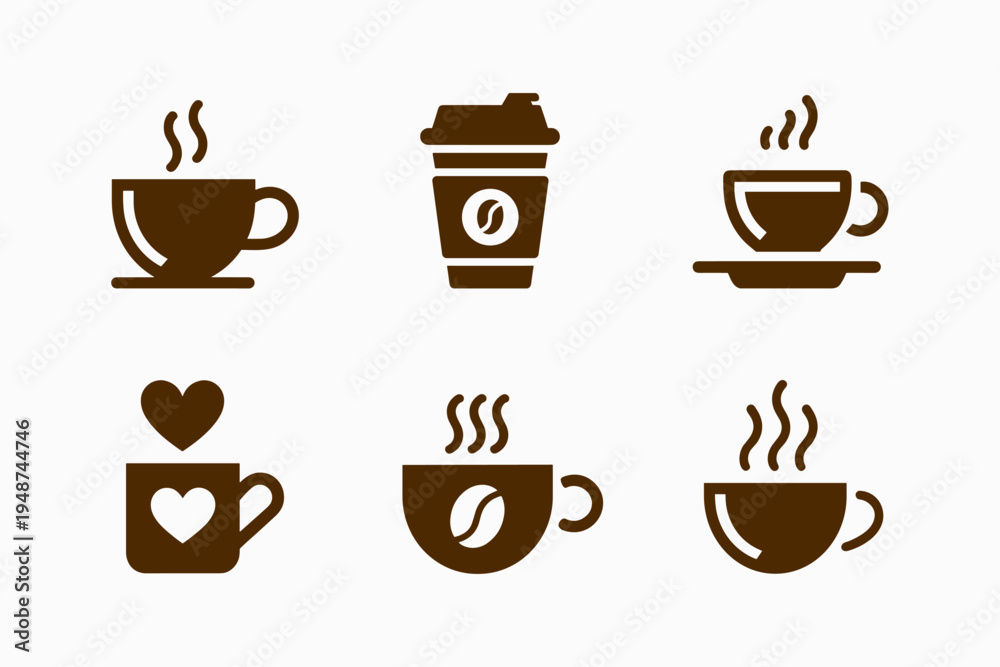 Obraz premium Various hot coffee and tea icons illustrating cups, mugs, and a to go container with steam and coffee bean symbols