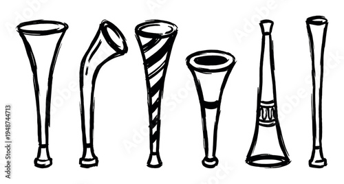 Hand-drawn sketch illustration of various vuvuzela horns, popular musical instruments often seen at sporting events and celebrations.