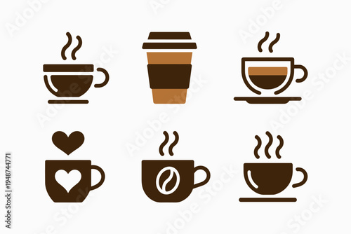 Coffee cup icons displaying various hot beverages, steam, takeaway cup, latte, heart, and coffee bean symbols