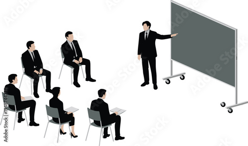 Businessman giving presentation to colleagues in office, professional seminar group in suits, isometric corporate training session, isolated on white background.