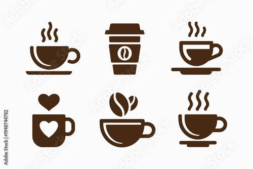 Brown coffee icons set illustrating different cups, mugs, and a take away cup with steam and coffee beans