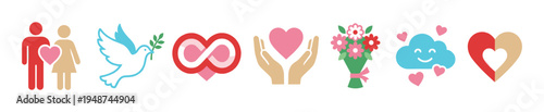 Vibrant collection of diverse love and peace icons, featuring couples, doves, infinity symbols, hearts, flowers, and happy clouds, symbolizing affection, unity, and care.