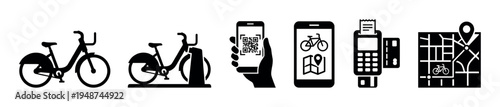 Collection of black icons representing the urban bike sharing system, rental, payment, and navigation.