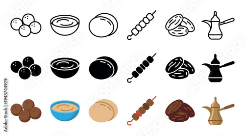 Collection of Middle Eastern and Mediterranean food icons in outline, solid, and colored styles.