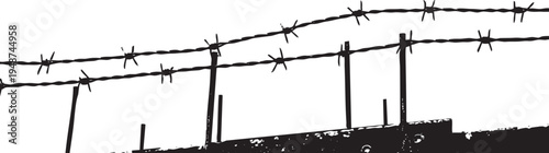 Barbed wire fence silhouette isolated on white background security barrier illustration