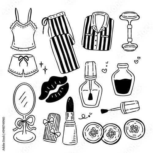 Pajama party doodle set with cute sleepwear, makeup, skincare, and beauty accessories.