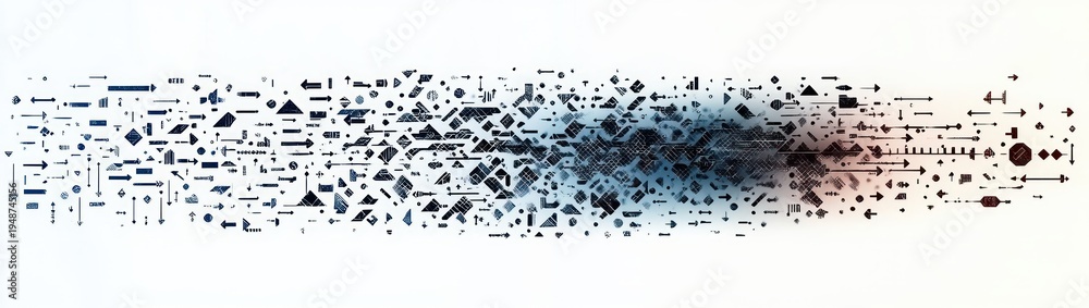 Fototapeta premium horizontal stream of tiny geometric icons and arrows in blue to red gradient conveying dynamic digital data flow and energetic motion