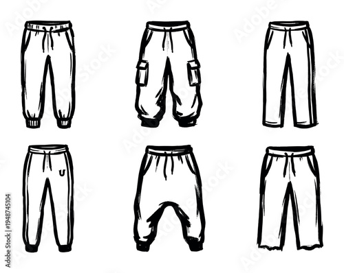Pants are featured in a collection of hand-drawn illustrations showcasing different styles of comfortable casual pants like sweatpants and joggers.