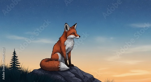A peaceful red fox sits on a rock, contemplating the serene twilight sky with a small pine tree nearby.