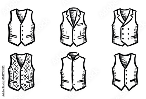 Collection of six hand-drawn vest illustrations showcasing various styles and designs, perfect for fashion and apparel concepts.